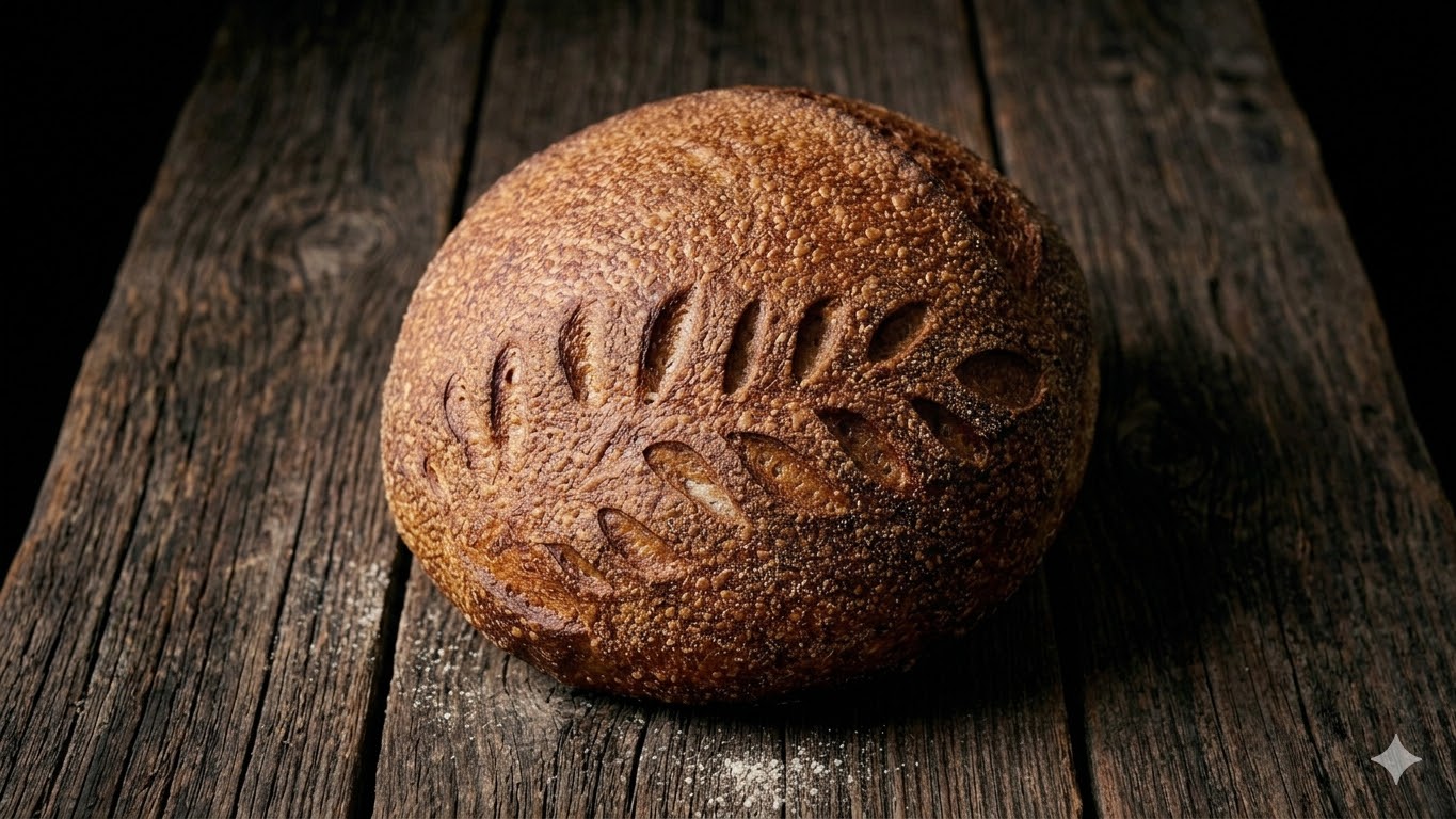 Artistic close up of rustic einkorn bread